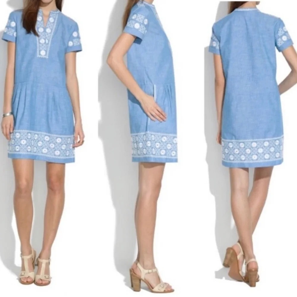 MADEWELL Chambray Sunstitch Tunic Dress Blue White Embroidered Womens Sz S Boho